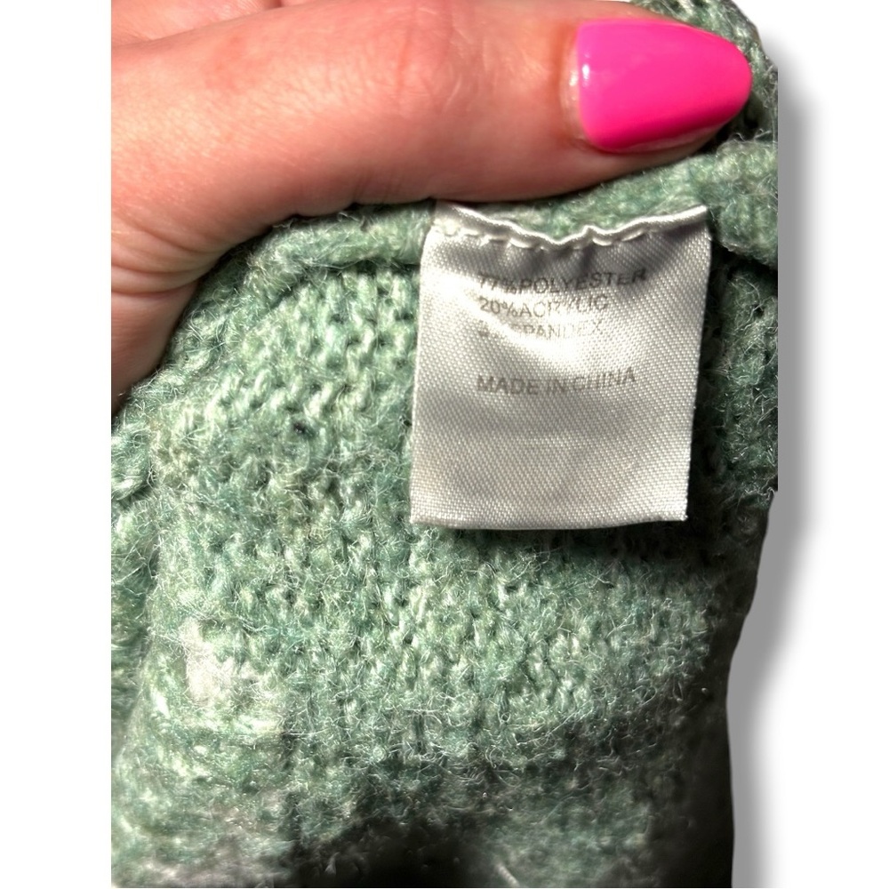 Little Lies M/L Mint Green with White Floral Crewneck Sweater Soft Intarsia Knit - Picture 10 of 16